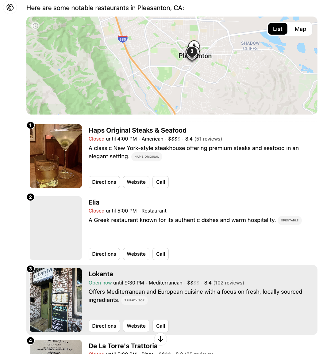 ChatGPT Search Restaurants Near Me List View